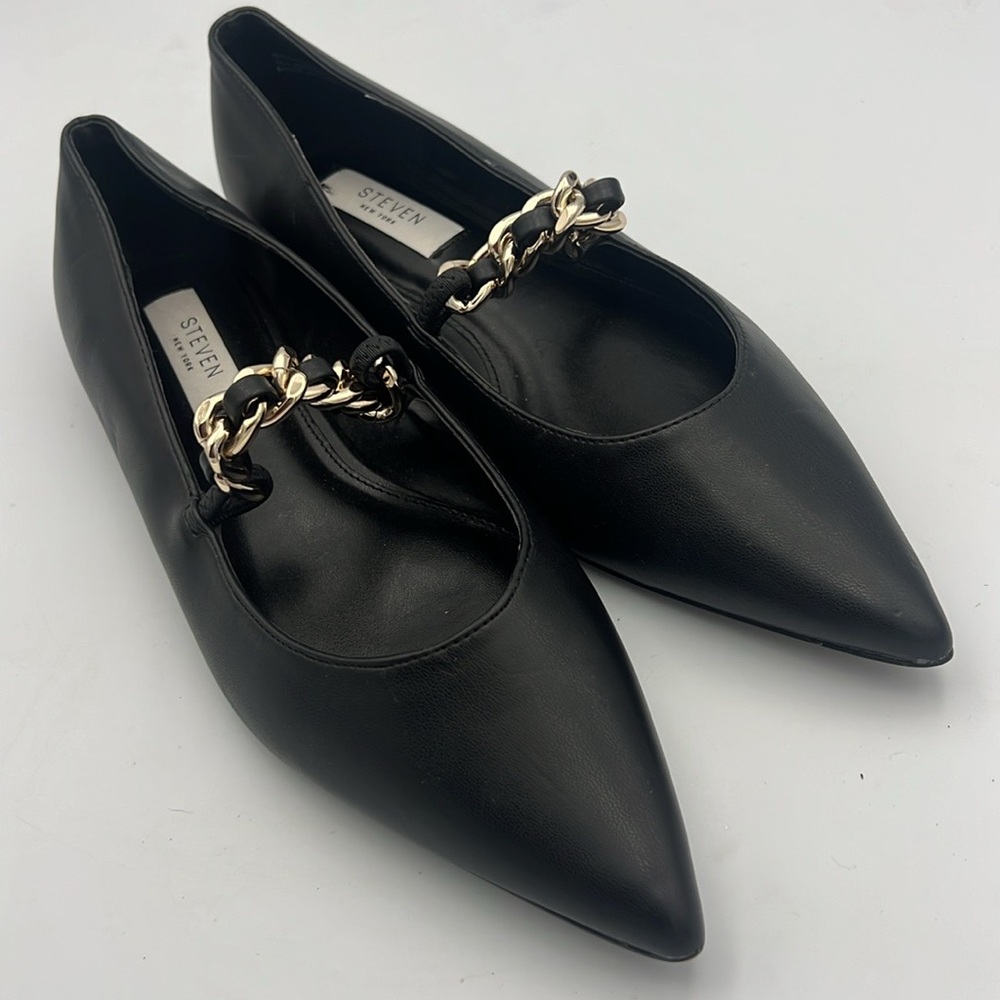 STEVEN New York Milla Pointed Toe Flats Slip-on Gold Chain strap Black Size 8.5M